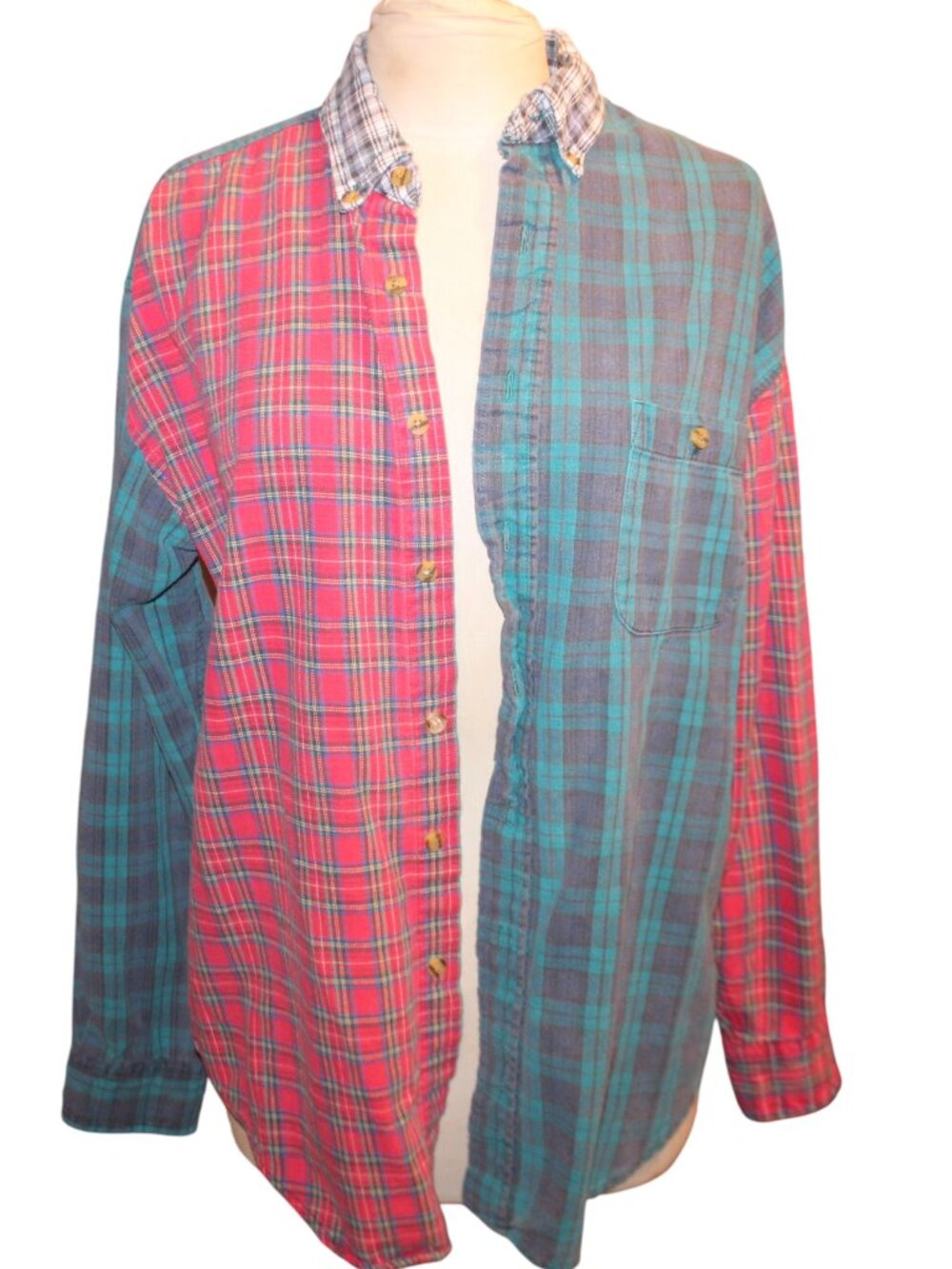 Vintage 90s GREATLAND Split Plaid Patchwork Flannel Shirt Grunge Rare Sz Small